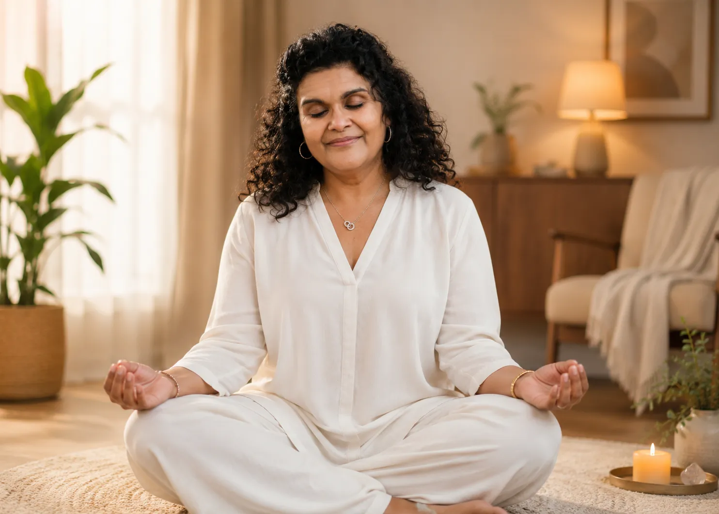 Sandhya meditating cross-legged in warm morning light